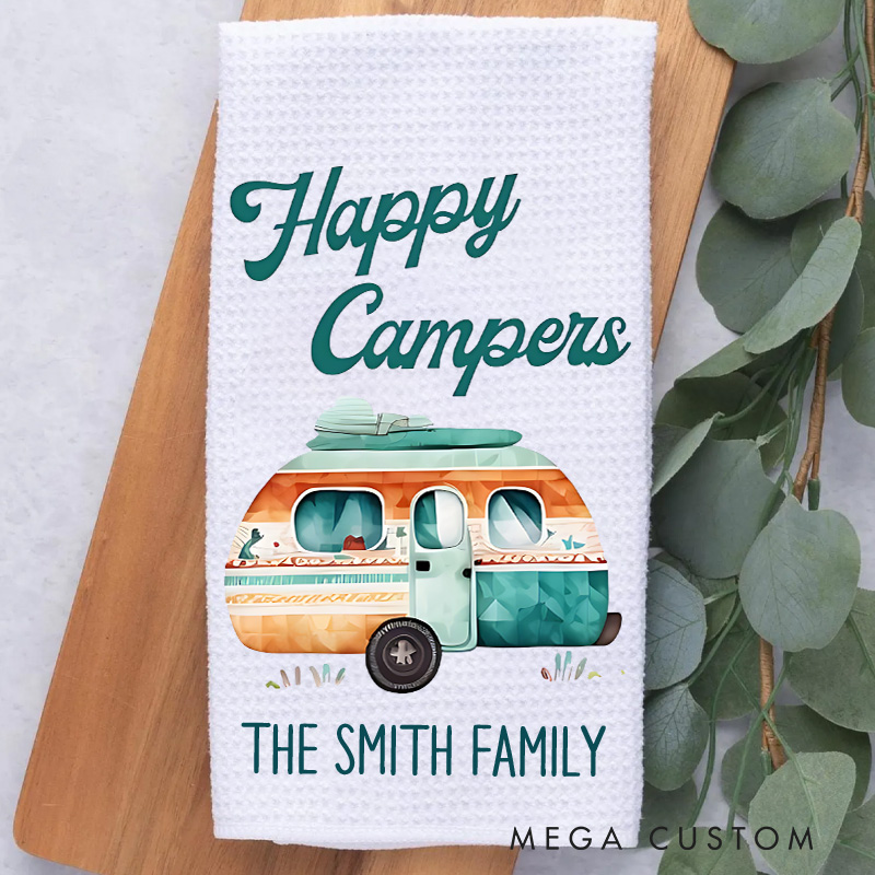 Personalized Happy Campers Watercolor Camp Dish Towel Camping Rv Travel Trailer Kitchen Towel Gift for Camper Lover