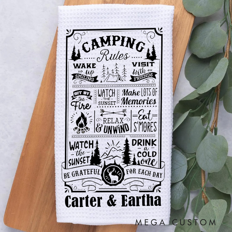 Personalized Camping Rules Sayings Funny Dish Towel Tea Towel Camper Kitchen Decor Gift for Camper Lover