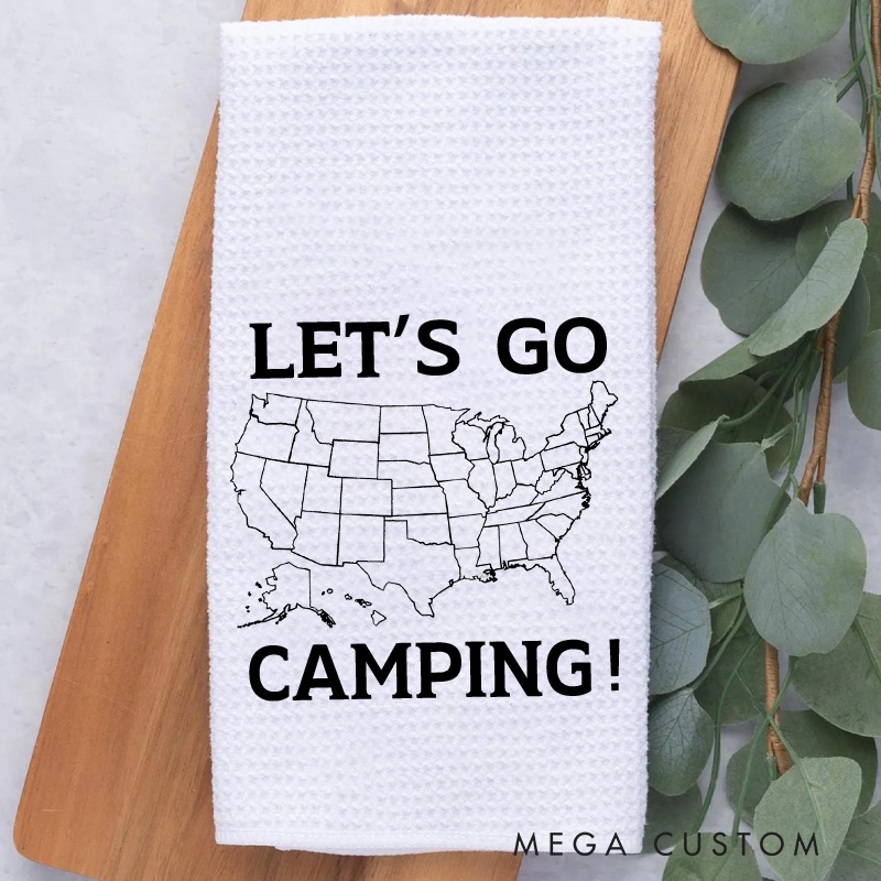 Personalized Let's Go Camping Tea Towel Adventure Camper Decor United States Map Towel Customizable Kitchen Camp Gift