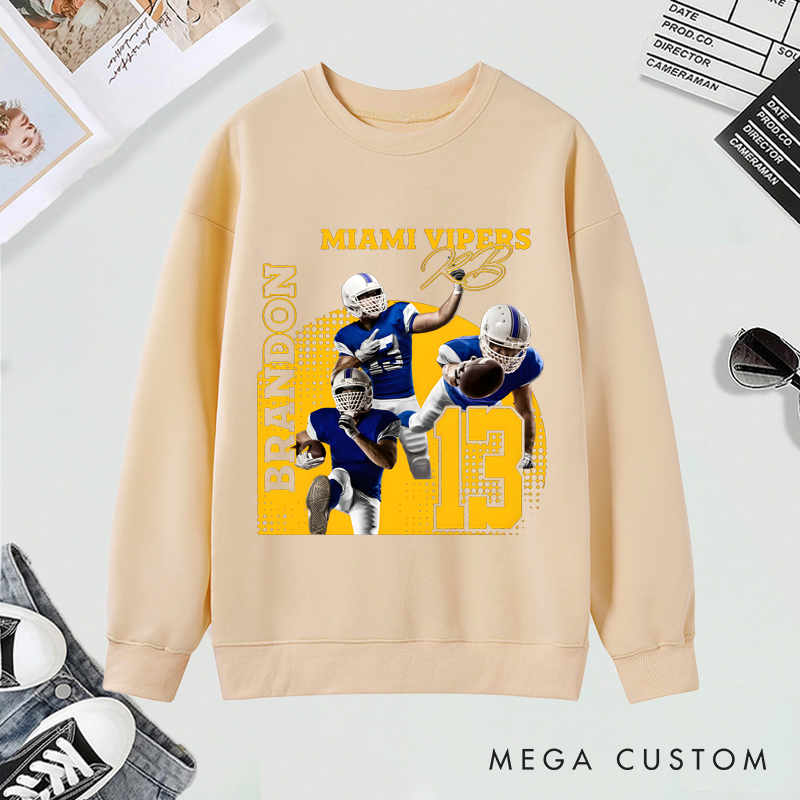 Personalized American Football Sweatshirt with Custom Photo, Name, Team Name, and Number Design