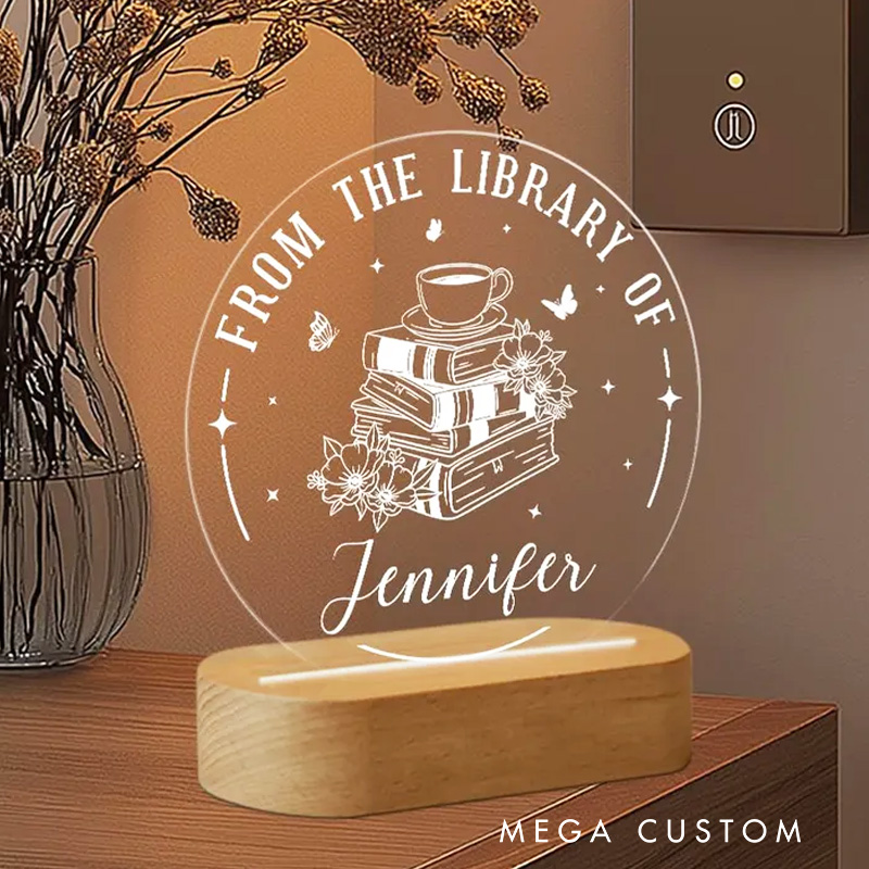 Personalized Name's Library Night Light Custom Librarian Book Flower LED Light Decor with Name Bookish Gift Book Lover Gift