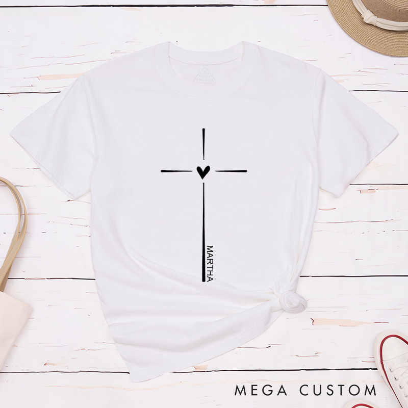 Personalized Vertical Cross with Heart Classic T-Shirt with Name Christian Women Shirt Jesus Clothing Religious Gift Faith Gift