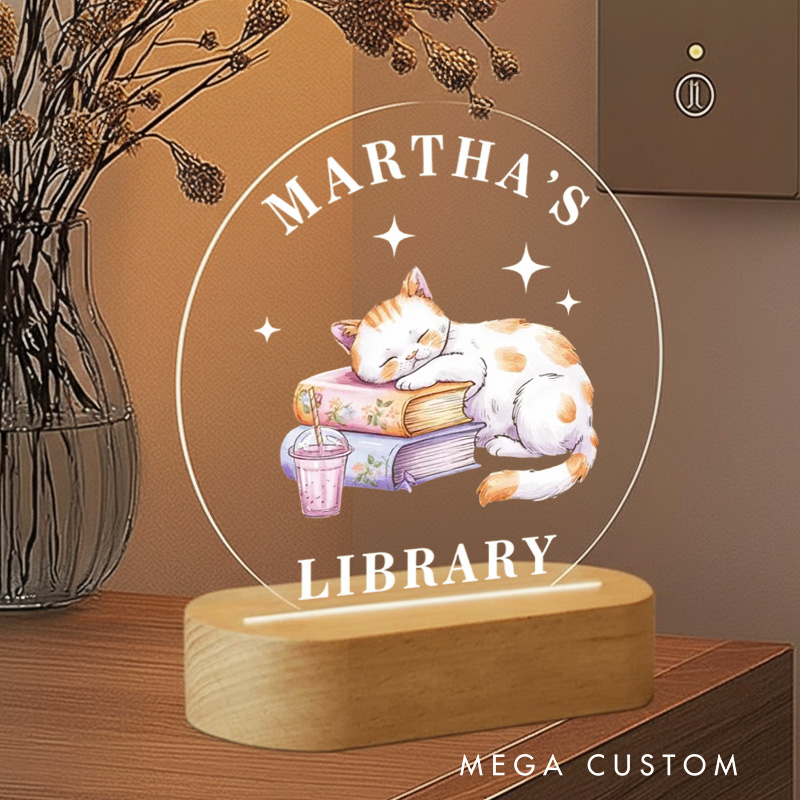 Personalized Cat and Book Night Light Custom Name's Library LED Light with Name Book Club Decor Book Lover Gift Bookish Gift