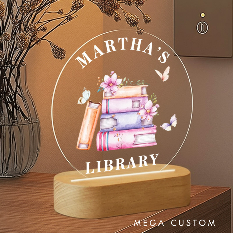 Personalized Flower Book Night Light Custom Name's Library LED Light with Name Bookish Home Decor Book Lover Gift Bookish Gift