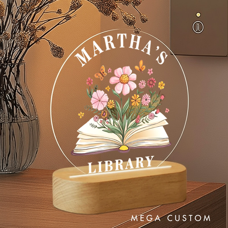 Personalized Flower Book LED Night Light with Name Custom Name's Library Night Light Bookworm Home Decor Book Lover Gift Bookish Gift