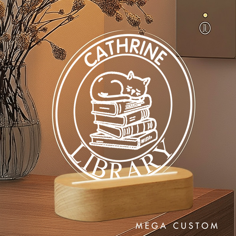 Personalized Sleep Cat and Book LED Night Light with Name Custom Bookish Reader Night Light Librarian Decor Book Lover Gift Bookish Gift