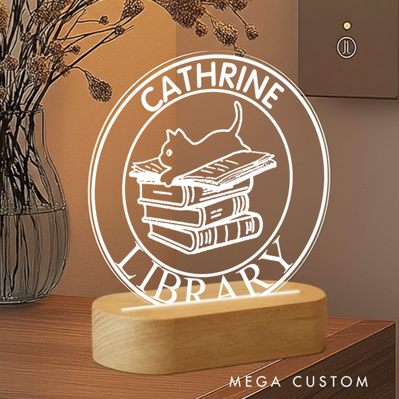Personalized Book Lover LED Night Light with Name Custom Floral Cat Night Light Bookish Reader Decor Book Lover Gift Bookish Gift