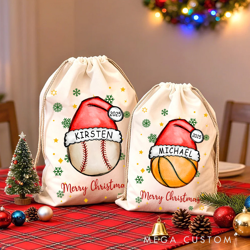 Personalized Merry Christmas Sack with Sports Ball and Custom Name and Year  