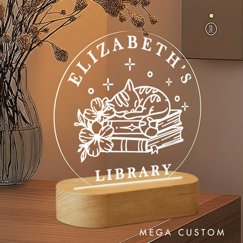Personalized Flower Book Night Light with Name Floral Cat Bookshelf Sign Light Readers Light Book Lover Gift Bookish Gift
