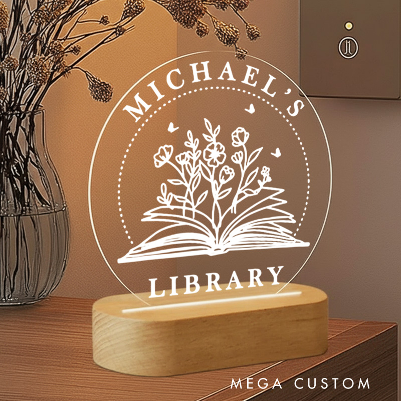 Personalized Floral Book Night Light with Name Custom Bookish Bookshelf Sign Light Readers Light Book Lover Gift Bookish Gift