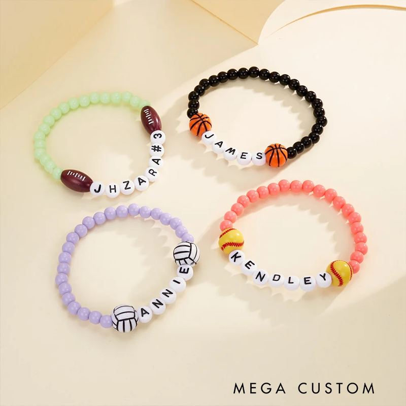 Personalized Sports Beaded Bracelets with Custom Name and Ball Charm Design