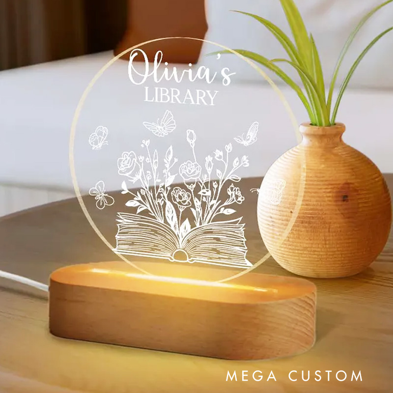 Personalized Reading Night Light Name's Library Sign Light Bookish Bookshelf Light Butterflies Book Gift Book Lover Gift Bookish Gift