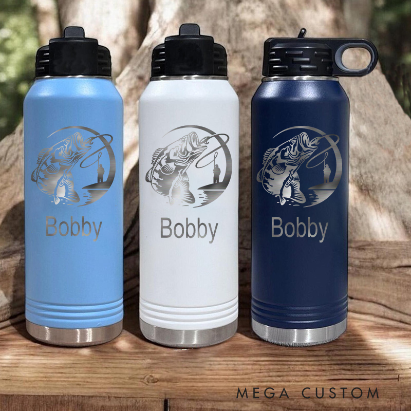 Personalized Stainless Steel Water Bottle Engraved Water Bottle Bass Fishing Bottle Etched Water Bottle With Straw Perfect Gift for Fishing Lover