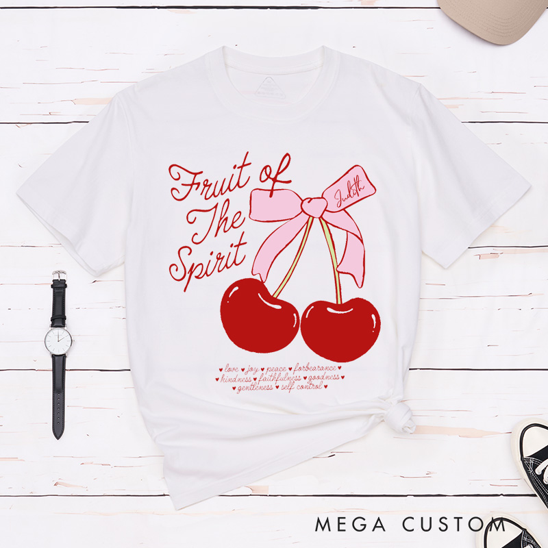 Personalized Fruit of the Spirit Cotton T-Shirt with Name Fun Doodle Cherry Bow Shirt Christian Bible Verse Unisex Classic T-Shirt Christian Gift
