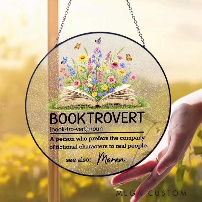Personalized Booktrovert Stained Glass Suncatcher Flower Book Ornament with Name Bookworm Window Decor Book Lover Gifts Librarian Gift