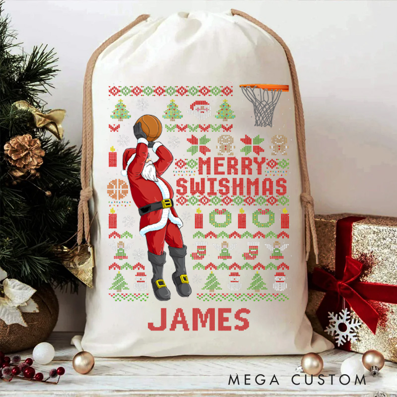 Personalized Christmas Sack with Basketball Santa and Custom Name Design
