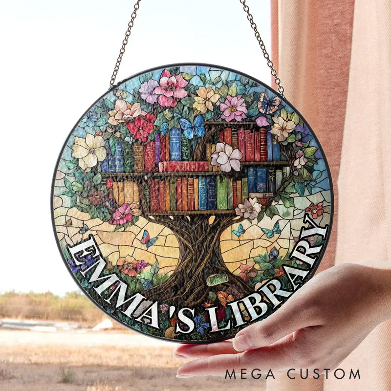 Personalized Library Tree Stained Glass Suncatcher Floral Bookshelf Window Decor with Name Home Library Art for Book Lover Gift Librarian Gift