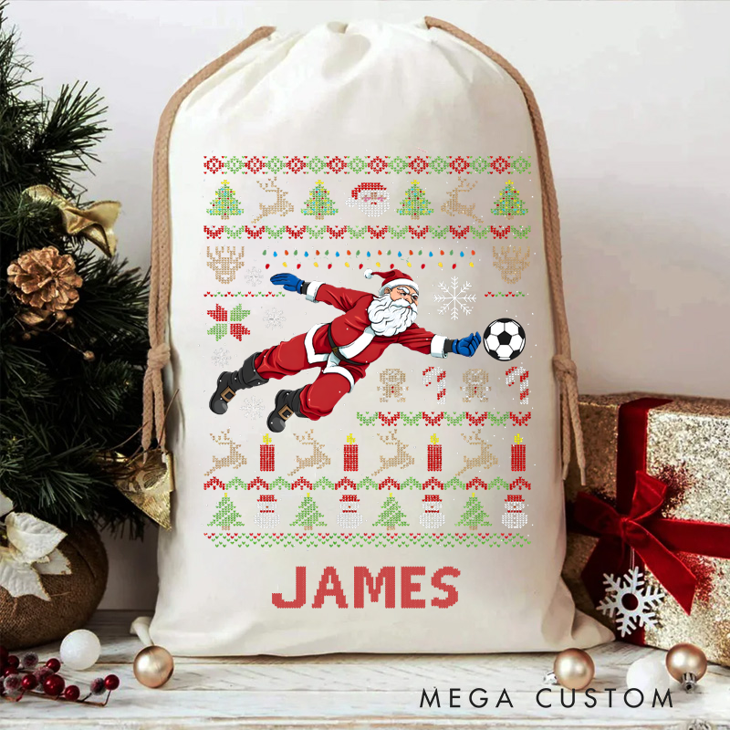 Personalized Christmas Sack with Soccer Santa and Custom Name Design