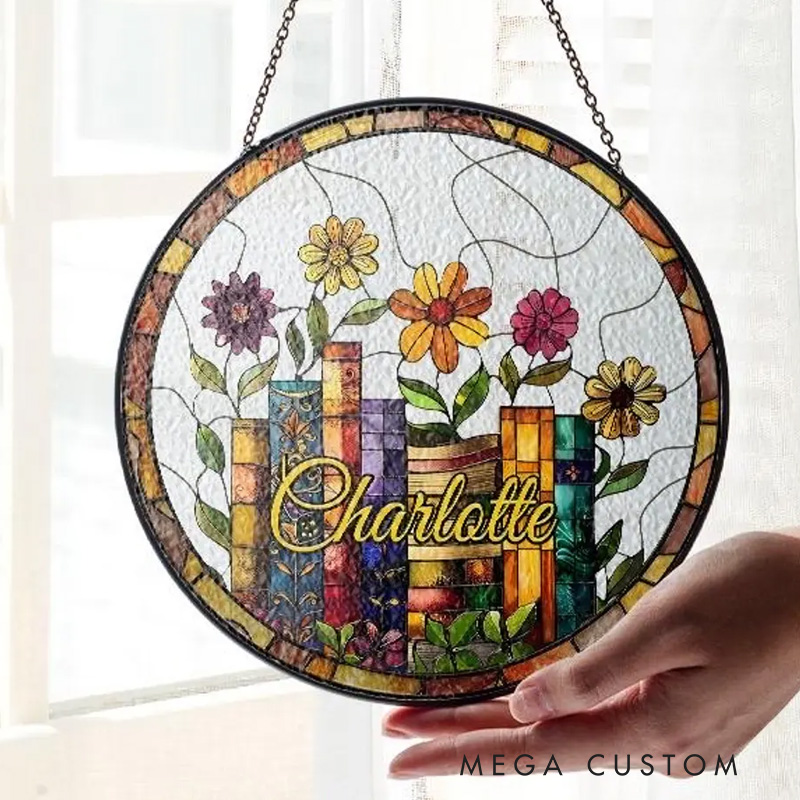 Personalized Flower Book Coffee Stained Glass Suncatcher with Name Window Hanging Decor for Book Lover Gift Librarian Gift