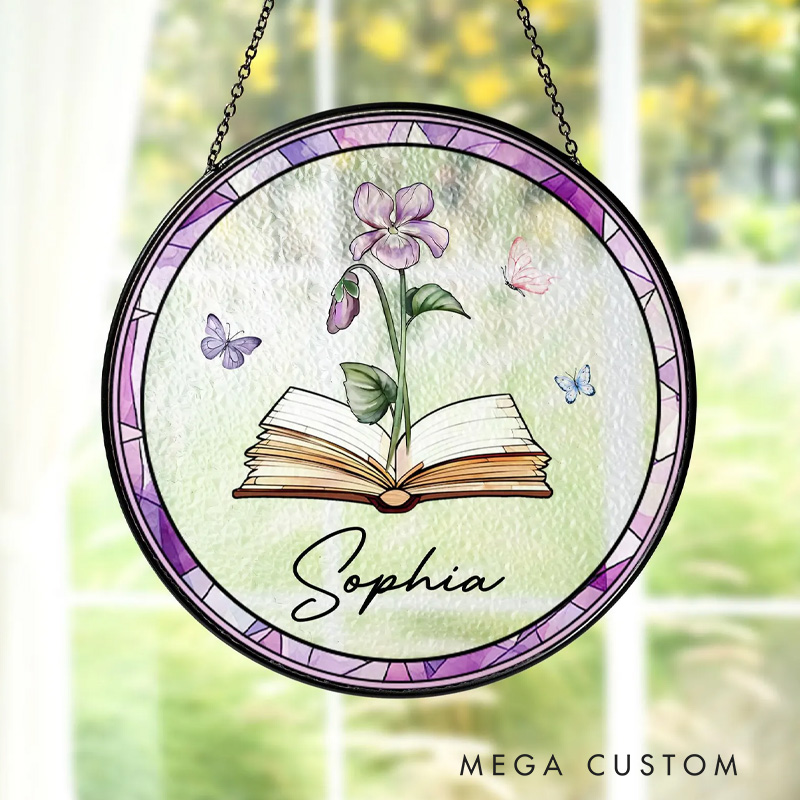 Personalized Birth Flower Book Stained Glass Suncatcher with Name Book Club Window Hanging Decor for Book Lover Gift Librarian Gift