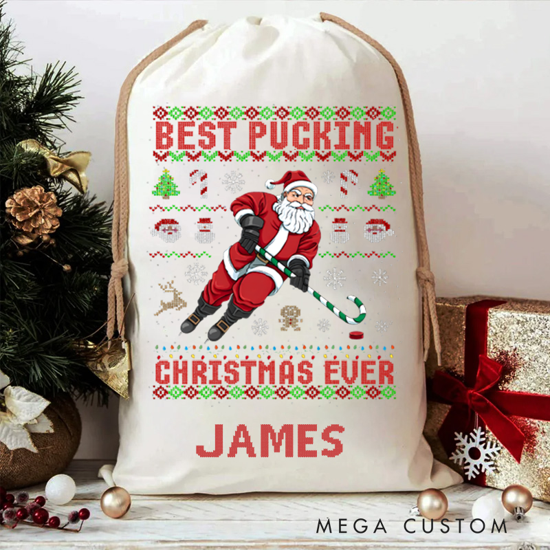 Personalized Christmas Sack with Ice Hockey Santa and Custom Name Design
