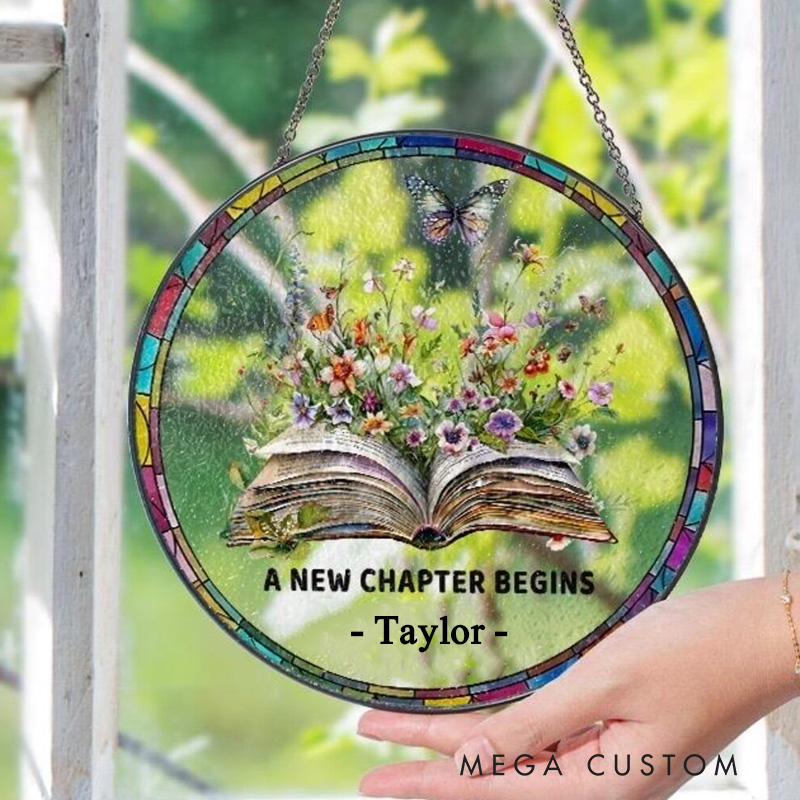 Personalized a New Chapter Begins Stained Glass Suncatcher with Name Floral Book Window Hanging Decor for Book Lover Gift Librarian Gift
