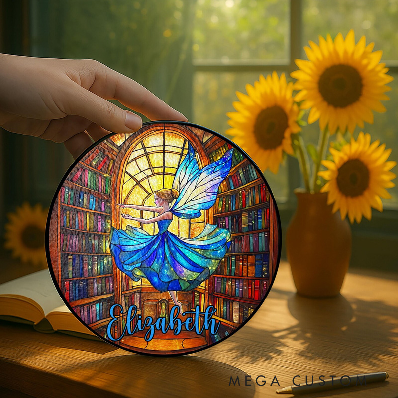 Personalized Fairy Stained Glass Suncatcher with Name Bookish Bookshelf Window Hanging Book Club Decor for Book Lover Gift Librarian Gift