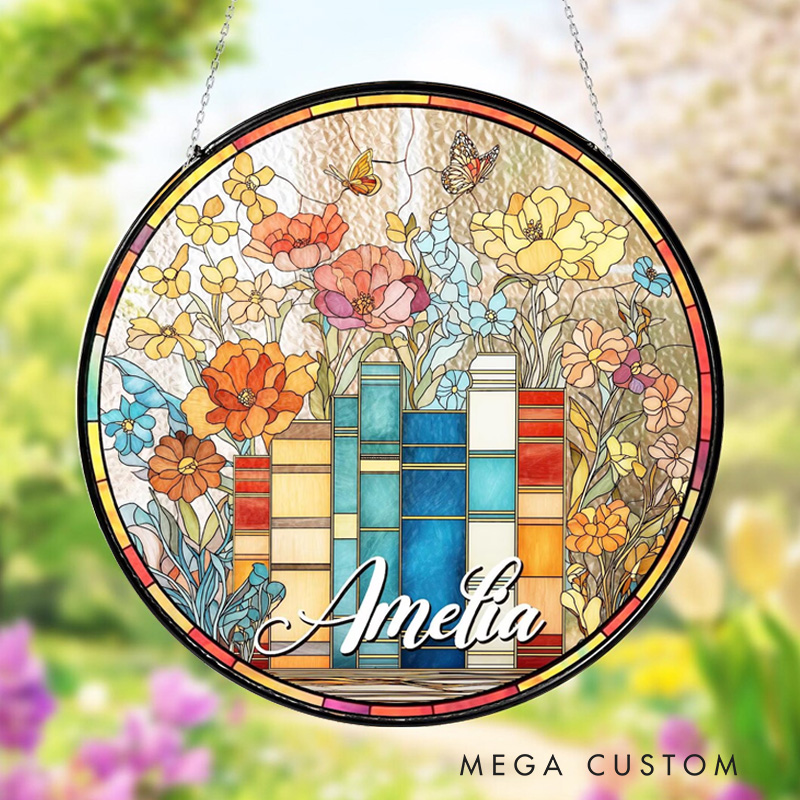 Personalized Flower Book Stained Glass Suncatcher with Name Book Window Hanging Library Decor for Book Lover Gift Librarian Gift
