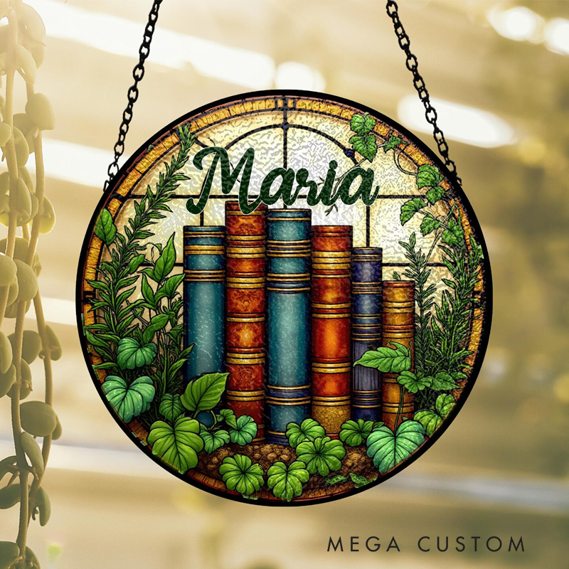 Personalized Bookshelf Stained Glass Suncatcher with Name Botanical Vintage Library Window Hanging Art for Book Lover Gift Librarian Gift