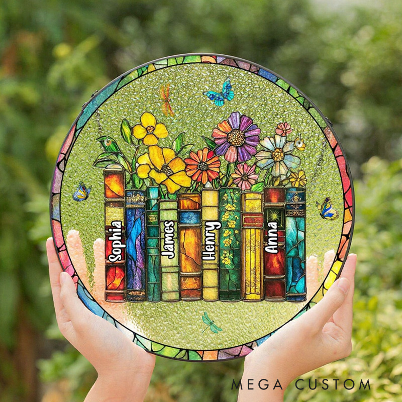 Personalized Name Flower Book Stained Glass Suncatcher Book Club Suncatcher Library Window Hanging for Book Lover Gift Librarian Gift