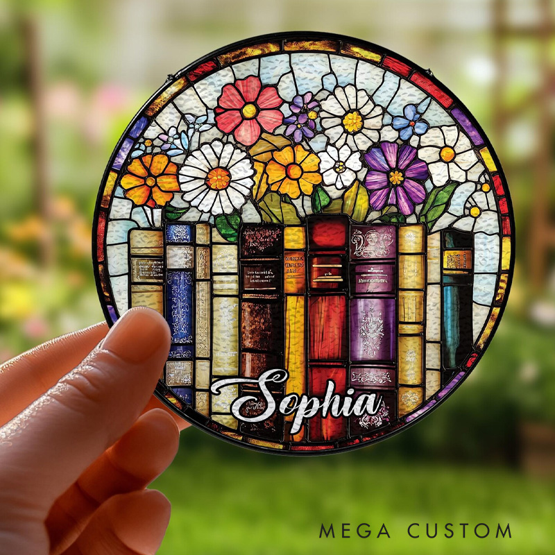 Personalized Flower Book Stained Glass Suncatcher Book Club Suncatcher Bookish Library Decor with Name for Book Lover Gift Librarian Gift