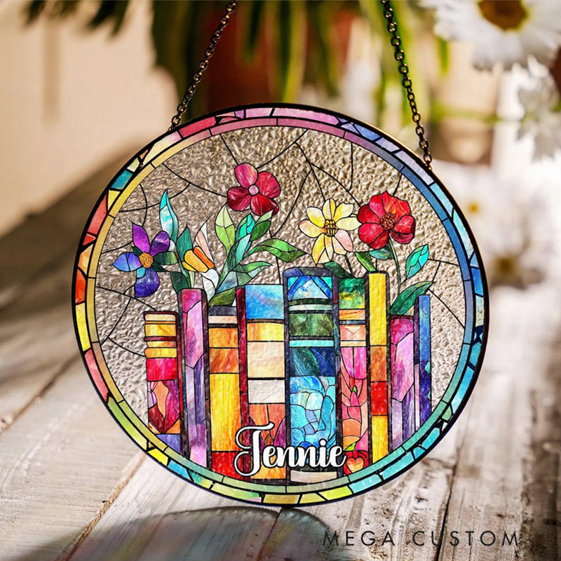 Personalized Floral Book Stained Glass Suncatcher Librarian Suncatcher with Name Bookish Window Decor for Book Lover Gift Librarian Gift