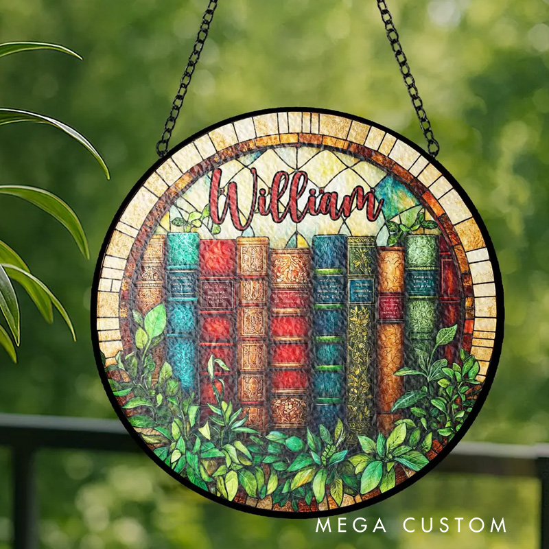 Personalized Vintage Book Stained Glass Suncatcher Library Window Art with Name Bookish Window Hanging for Book Lover Gift Librarian Gift