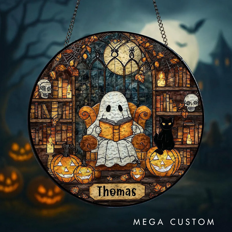 Personalized Ghost Reading Book Stained Glass Suncatcher Ghost Gothic Halloween Window Decor with Name for Book Lover Gift Librarian Gift