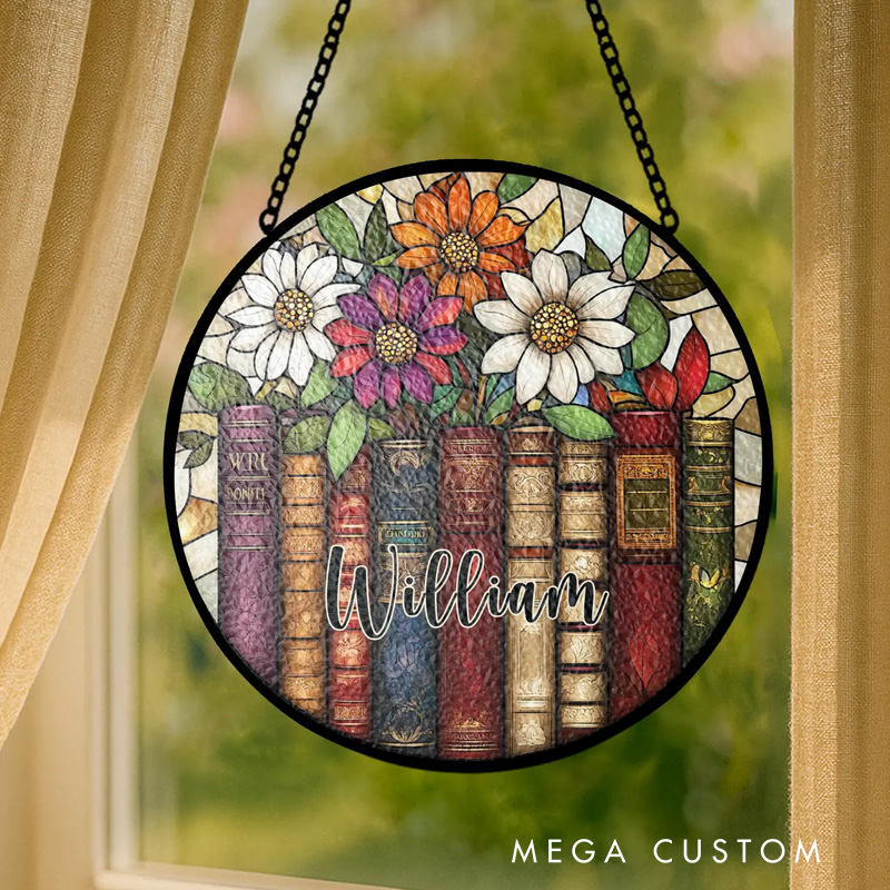 Personalized Flower Book Stained Glass Suncatcher Faux Glass Window Hanging Decor with Name for Book Lover Gift Librarian Gift