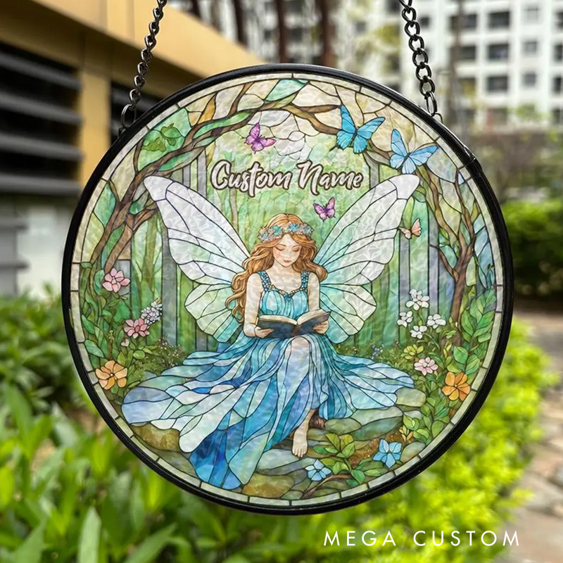 Personalized Butterfly Fairy Reading Book Stained Glass Christmas Fairy Window Hanging Decor with Name for Book Lover Gift Librarian Gift