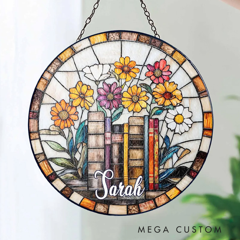 Personalized Book Lover Stained Glass Suncatcher Floral Book Window Hanging with Name Bookish Suncatcher for Book Lover Gift Librarian Gift