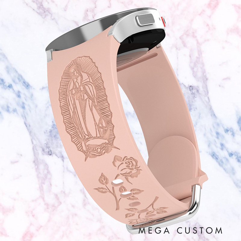 Personalized Virgin Mary with Cross Silicone Watch Band with Name for Huawei Samsung Watch Religious Christian Gift for Her Mother's Day Gift