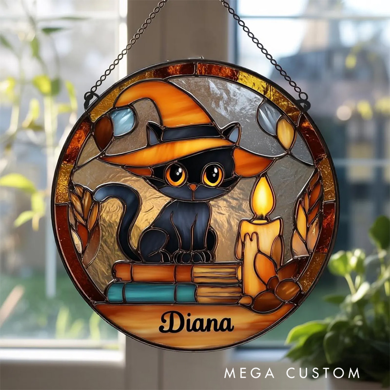 Personalized Black Cat on Book Stained Glass Suncatcher Spooky Cat Window Hanging Halloween Suncatcher for Book Lover Gift Librarian Gift