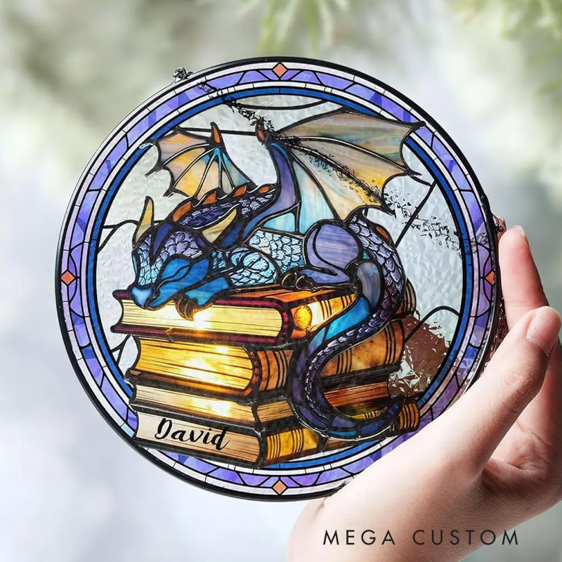 Personalized Book Dragon Stained Glass Suncatcher Fantasy Dragon Window Hanging Bookish Art Decor for Book Lover Gift Librarian Gift