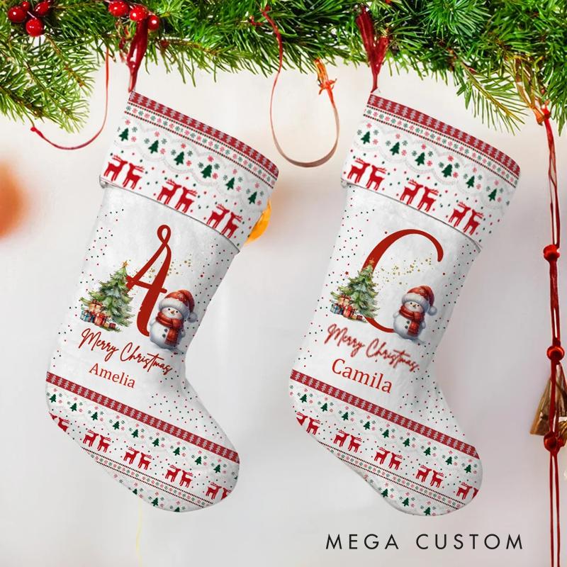 Personalized Cute Holly Hat Snowman Merry Christmas Stocking with Initial and Name Holiday Tree Fireplace Decor Family Party Gift