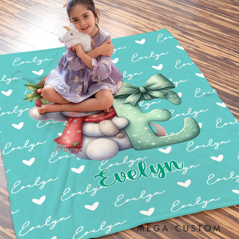 Personalized Santa Hat Snowman Initial Word Cloud Soft Throw Blanket with Name Home Decor Christmas Gift