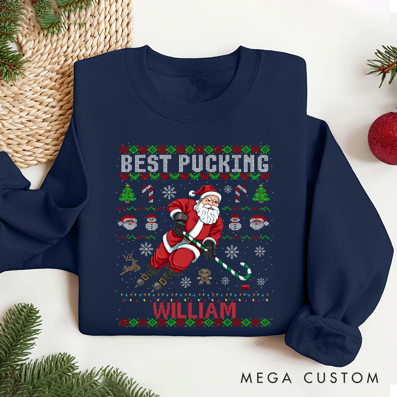 Personalized "Best Pucking" Hockey Christmas Sweater with Custom Name