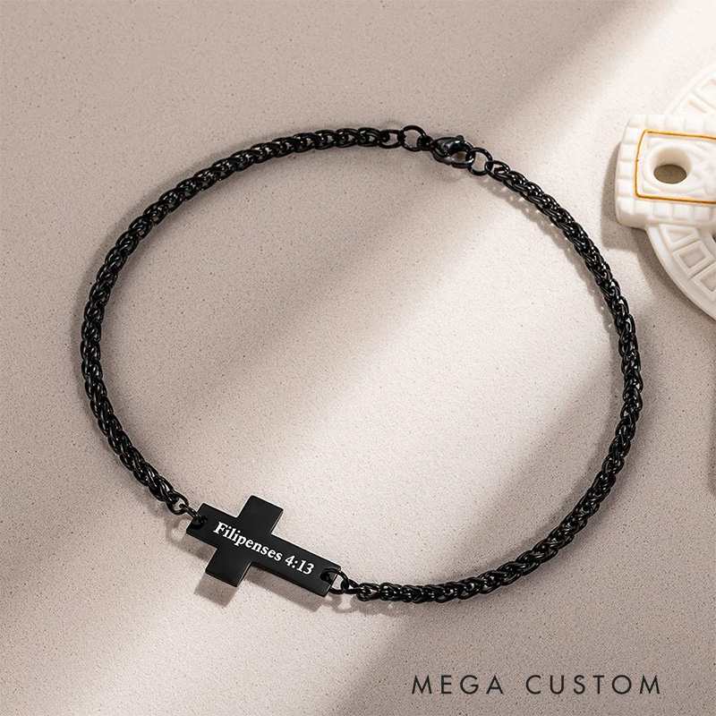 Personalized Cross Pendant Bracelet with Engraved Text Religious Jewelry Baptism Prayer Birthday Gift for Christians