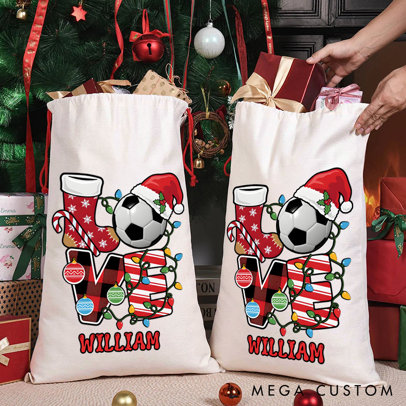 Personalized Christmas Sack with Soccer "LOVE" Design and Custom Name