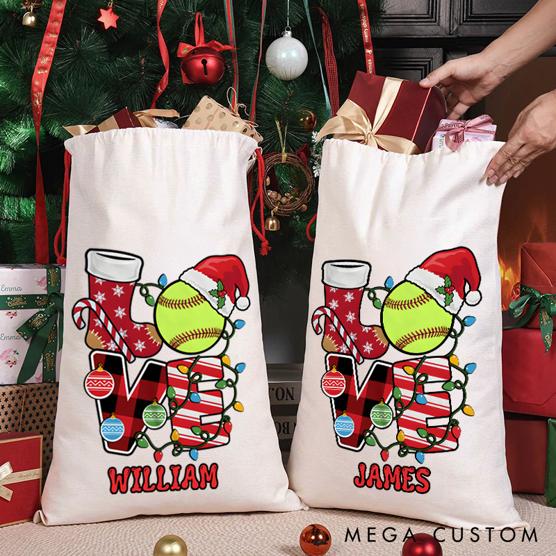Personalized Christmas Sack with Softball "LOVE" Design and Custom Name