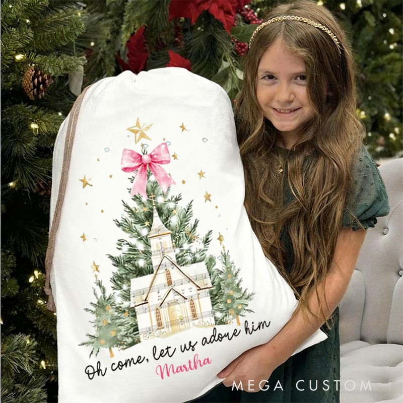 Personalized Oh Come Let Us Adore Him Canvas Drawstring Gift Bag with Name Coquette Bow Christmas Tree Lights Party Favor Bag Christmas Christian Gift