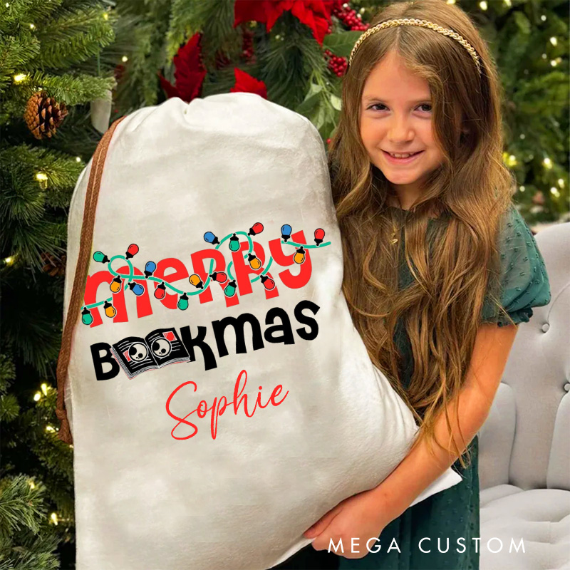 Personalized Merry Bookmas Christmas Bag with Name Merry Christmas Santa Sack Library Santa Sack for Book Lover Christmas Gift