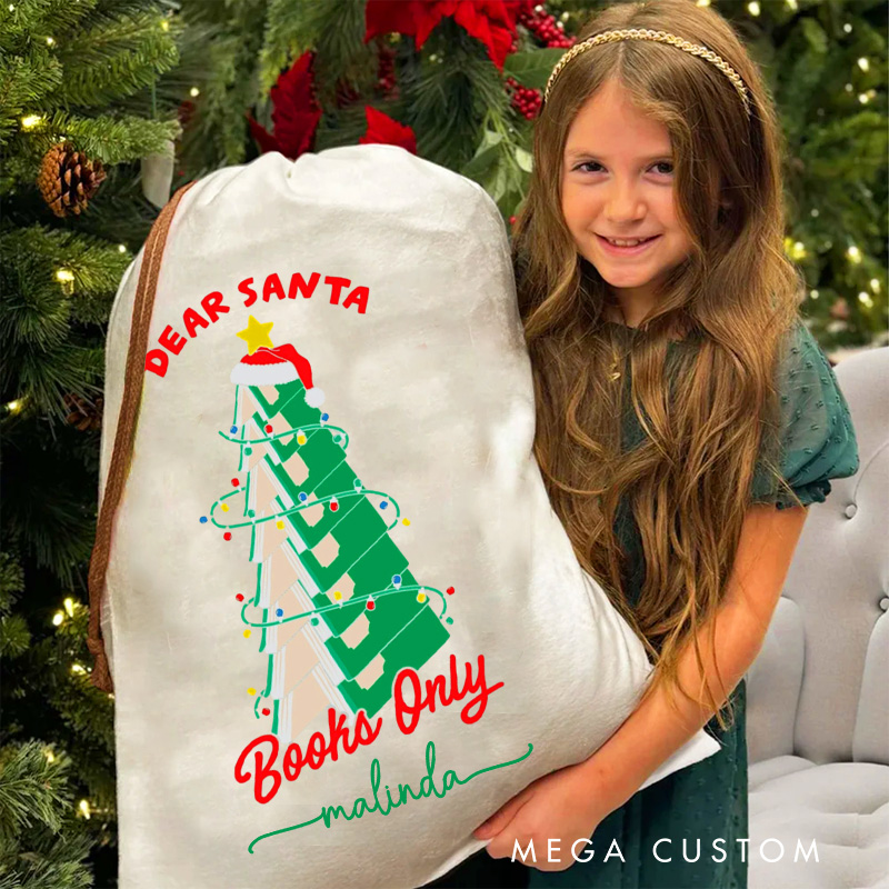 Personalized Dear Santa Christmas Bag with Name Librarian Santa Sack Christmas Tree Books Sack for Book Lovers Christmas Gift