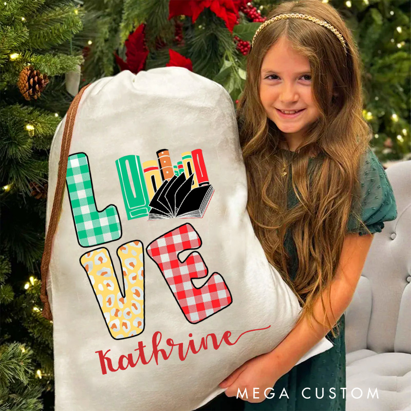 Personalized Love Christmas Bag with Name Librarian Santa Sack Bookworm Christmas Sack for Book Lovers Christmas Gift